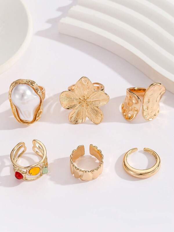 Set de 6 anillos de estilo barroco europeo con perlas y flores, anillos de dedo con volantes de moda retro