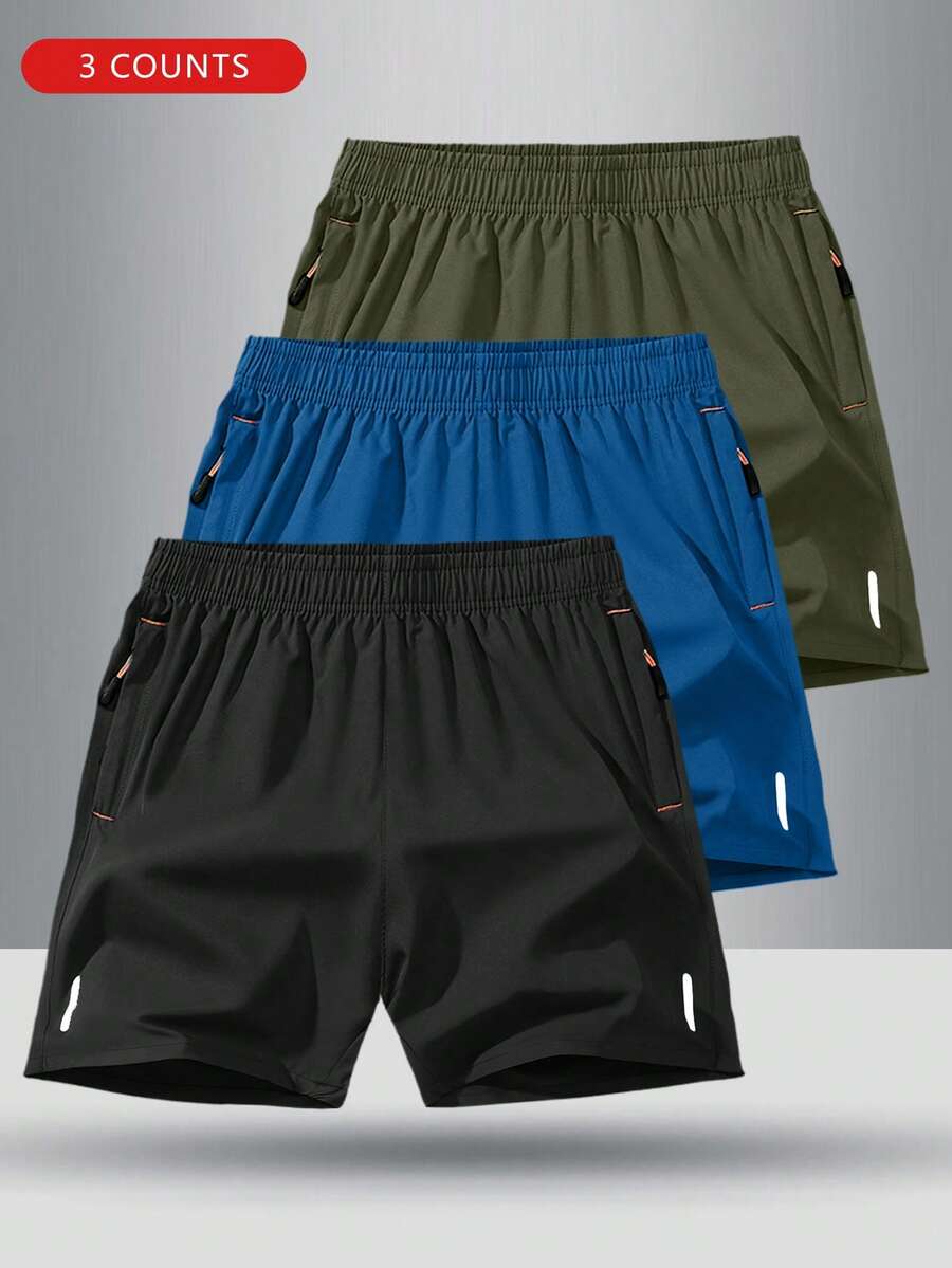 3pcs/Set Boys' Solid Color Elastic Waist Casual Sports Shorts, Summer - Teal Blue - View 1