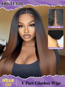 OQ Hair Yaki Straight Chestnut Brown Ombre V Part Drawstring Wig No Leave Out Thin Part Wig Human Hair Wig 180% Density 18-24 Inch Upgrade Full Machine Made Unprocessed Real Hair Natural Hairline Stylish Natural Looking Young For Women Mermaid Accessories Heels Halloween Accessories Makeup Bags Halloween Costumes Halloween Costumes Women Hair Products Accessories Women - S25/21 - View 2