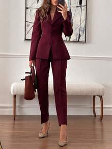 2pcs Elegant Basic Slim Fit Business Commute Suit Set: Tailored Long Sleeve Jacket + 7/8 Length Pants