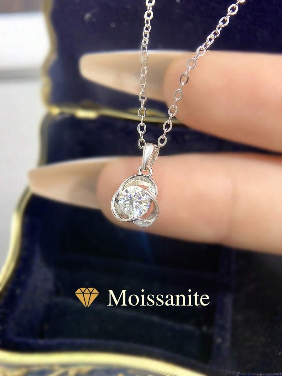 1件三叶草风车项链，0.5克拉莫桑石钻石项链，S925纯银结婚项链，订婚项链，奢华珠宝，女士周年纪念礼物 - 銀色 - 查看 1