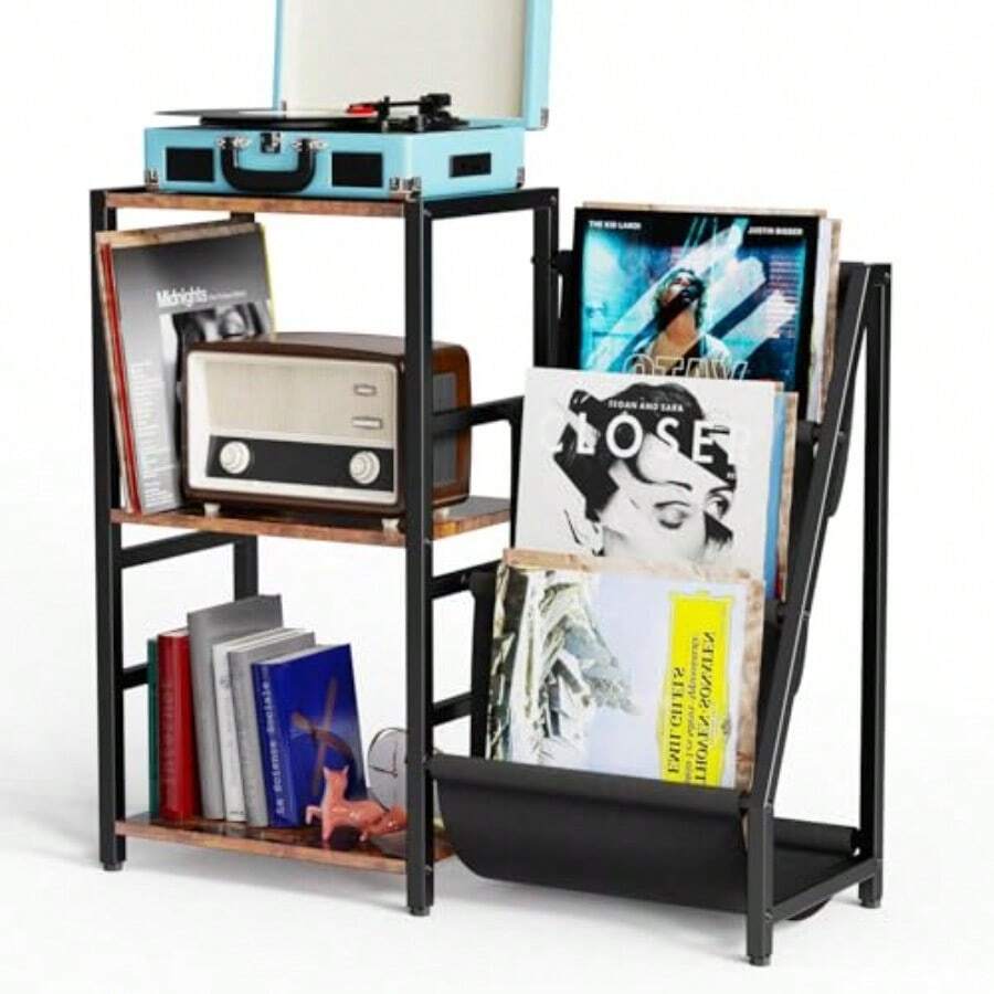 Record Player Stand Turntable Stand With Vinyl Storage Record Player Table Storage Up To 200+ Albums Record Player Cabinet With 3Tier Vinyl Display Audio Media Living Room Table - như hình ảnh - Xem 1