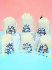 6 件圣诞主题束口袋，圣诞礼品袋，蓝色雪城和雪人设计，适合圣诞节装饰，圣诞礼品包装 - 彩色 - 查看 1