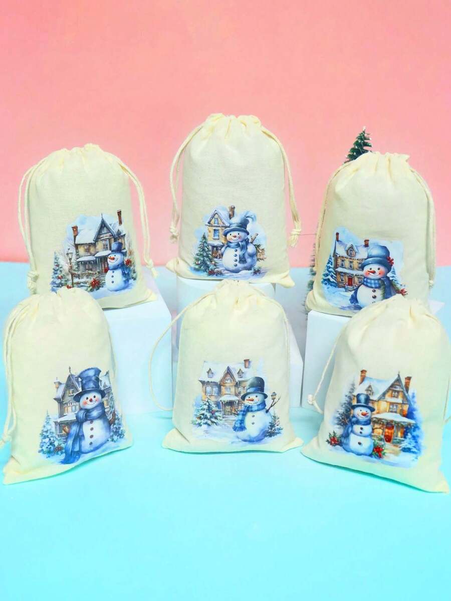 6 件圣诞主题束口袋,圣诞礼品袋,蓝色雪城和雪人设计,适合圣诞节装饰,圣诞礼品包装 - 彩色 - 查看 1