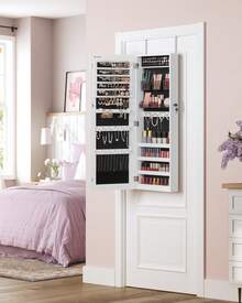 SONGMICS Mirror Jewelry Cabinet, Wall Or Door Mounted Jewelry Storage, Lockable, With 2 Plastic Cosmetic Organizers - 白色 - 查看 4