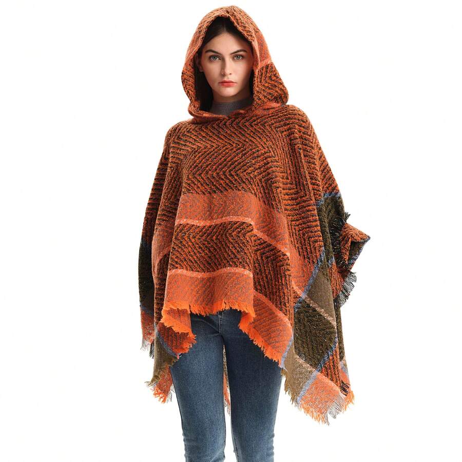 Women's Hooded Fishbone Pattern Poncho Cloak, Suitable For Spring, Autumn And Winter - Hooded Cape Pullover - View 1