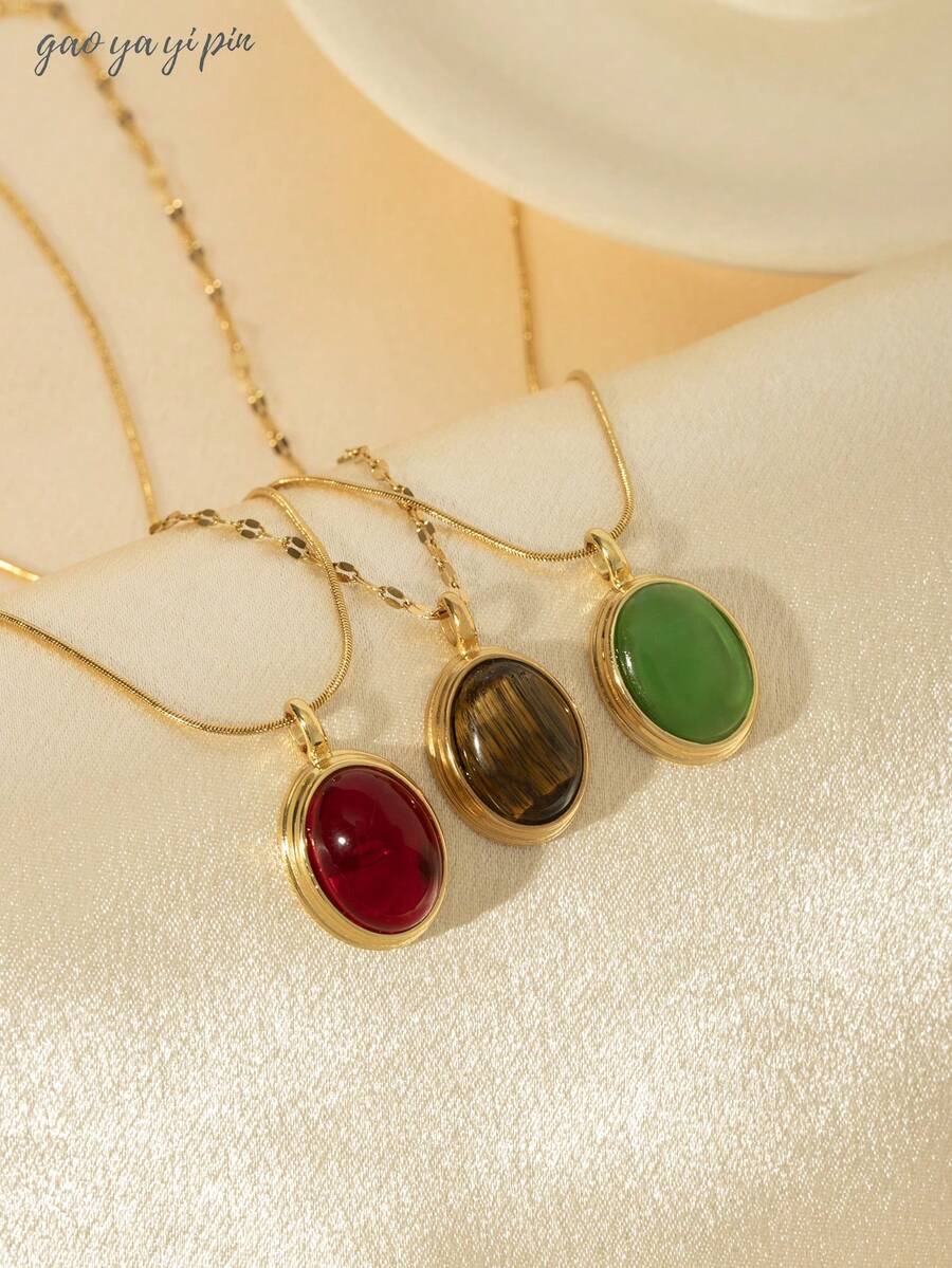 1pc French Fashion Tiger Eye, Turquoise, Ruby Stainless Steel Pendant Necklace, 18k Gold Plated Jewelry, Natural Stone Gemstone Gift, Suitable For Women's Daily Wear