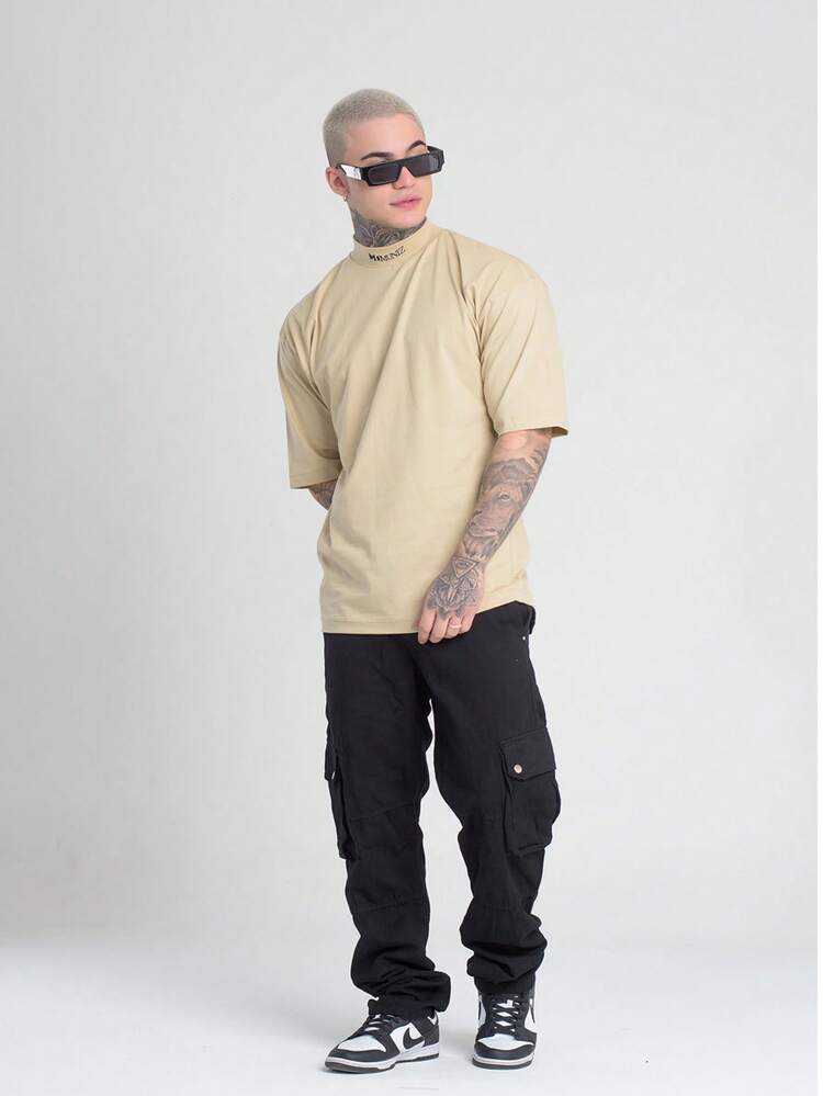 DMUNIZ Oversized Streetwear T-Shirt High Neck Print On The Collar Dmuniz Gym Shirt Dmz001 - Màu Khaki - Xem 5
