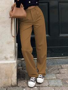 MYOURSA Women's Casual Brown Front Pleated Straight Leg Slim Fit Pants - Brown - View 5