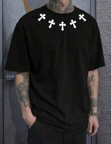Camiseta de cuello redondo de corte relajado con hombros caídos y estampado de cruces blancas