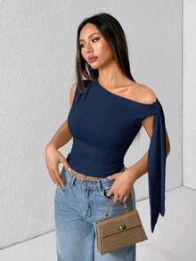 Elegant Suplex T-Shirt Top With Asymmetrical Shoulders And Straps, Ideal For Daily Use, Outings, Nightclubs, Parties, Halloween Costumes - Màu xanh hải quân - Xem 3