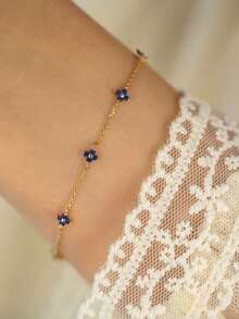 BALMORA 1pc 925 Sterling Silver Elegant Cute Blue Flower Zirconia Chain Bracelet, Suitable For Women's Daily Wear, Friendly Gatherings Or As A Gift - Gold - View 7