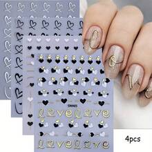 4pcs Love Theme Nail Stickers Set, Black White Golden Heart Patterns, Self-Adhesive Plastic Nail Art Decals With Glitter, Glossy Finish, Single Use Embellishments For Valentine'S Day - 彩色 - 查看 4