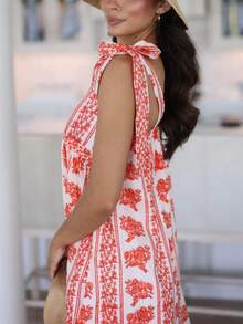 Women Tie Shoulder Long Dress Y2K Boho Floral Square Neck Babydoll Flowy Maxi Dress Summer Cute Going Out Midi Dresses Beach Vacation Sundress - 橘色 - 查看 2