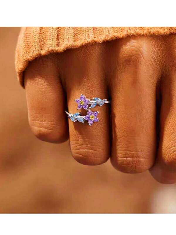 1 szt. najlepiej sprzedający się nowy pierścień z błyszczącym cyrkoniowym kamieniem w kwiaty i liście, modny kreatywny otwarty pierścień z miedzi