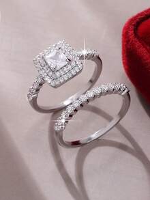 两枚璀璨经典方形立方氧化锆戒指套装，适合女性、情侣、日常佩戴、婚礼、订婚、派对、珠宝、情人节、生日礼物 - 銀色 - 查看 1