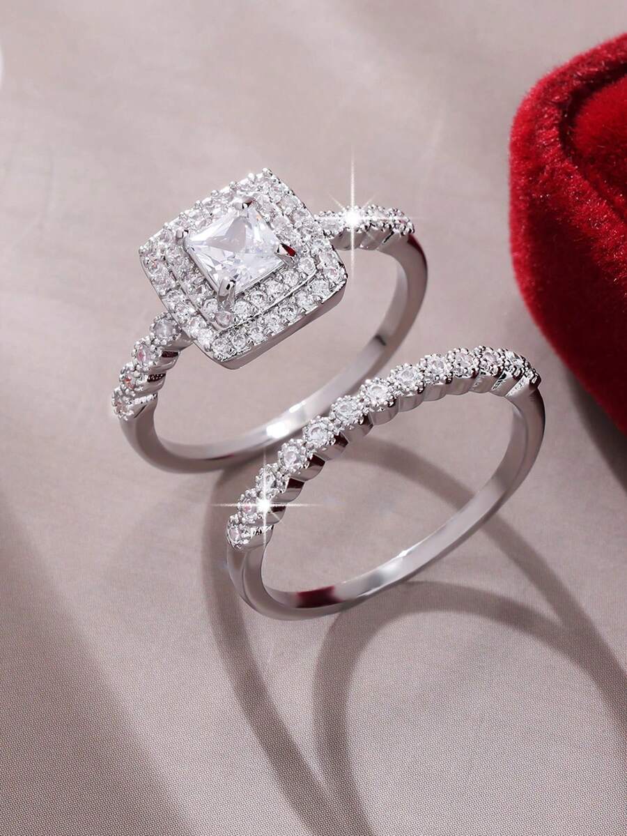 两枚璀璨经典方形立方氧化锆戒指套装，适合女性、情侣、日常佩戴、婚礼、订婚、派对、珠宝、情人节、生日礼物 - 銀色 - 查看 1