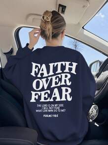 Sweat-shirt à manches longues et col rond pour femme, style décontracté, ample et polyvalent, avec slogan << FAITH OVER FEAR », idéal pour les vacances, idéal pour l'automne et l'hiver.