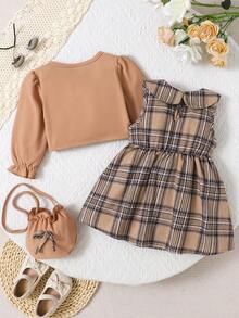 3 件套女婴套装：卡其色短开衫、米色格子无袖连衣裙、卡其色斜挎包，秋冬 - 棕色 - 查看 2