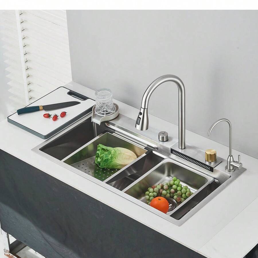 [Conjunto de fregadero de cocina de acero inoxidable 304]80*45cm plateado con perilla de control de temperatura + grifo de agua purificada + limpiador de vasos fregadero multifuncional integral - Níquel cepillado (80 cm x 45 cm) - Ver 1