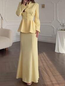 女士优雅纯色单排扣西装外套和裙套装，精致且适合日常穿着 - 淺黃色 - 查看 6