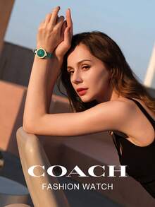 Coach 女士石英腕表，绿色可调节皮革表带，金色圆形表壳，女士礼物模拟手表，钻石珍珠贝母表盘，14503951 - 綠色 - 查看 3