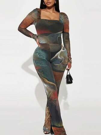 Plus Size Sexy Mesh Long Bodysuit