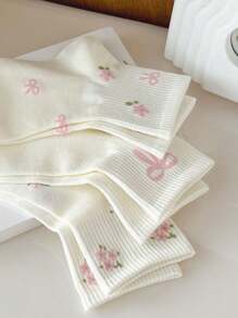 1/5双装女士纯色蝴蝶结郁金香花图案短袜，时尚简约休闲舒适，适合日常穿着、旅行、派对搭配，四季皆宜，圣诞礼物佳选。