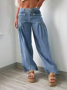Quần ống đứng dáng rộng, dáng suông, chất liệu denim, cá tính, thời trang, đi làm hàng ngày, thiết kế túi trước sành điệu cho nữ - Rửa trung bình - Xem 4