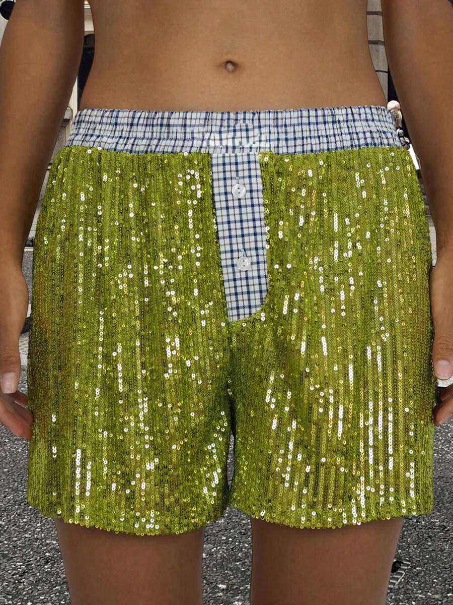 Women's Pajama Shorts Sparkly Sequined Striped Trim Low Rise Sleep Shorts For Summer - Green - View 1