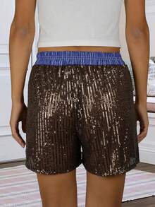 Women's Pajama Shorts Sparkly Sequined Striped Trim Low Rise Sleep Shorts For Summer - Brown - View 7