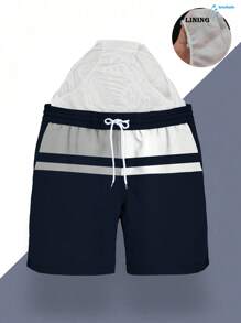 男士夏季印花图案抽绳腰斜口袋夏威夷速干双层网眼衬里短裤，撞色3D艺术印花，时尚休闲沙滩度假泳裤