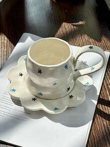 Bộ 1 cốc cà phê và đĩa sứ họa tiết hoa dễ thương, cốc phong cách Hàn Quốc chất lượng cao, cốc cà phê dung tích lớn có quai xách cỡ lớn, thích hợp cho văn phòng, gia đình, bữa sáng - Nhiều màu - Xem 5