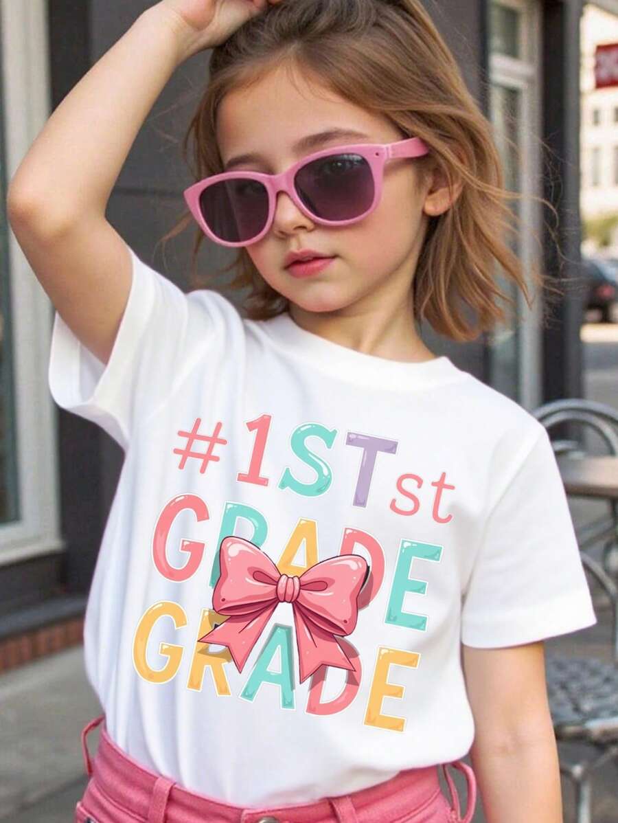Young Girls & Boys First Grade Theme Cotton Graphic Tees, Back To School Clothes Girls, Black Summer Shirts With Colorful Typography, Gift For First Day Of School, Round Neck Short Sleeve T-Shirt,  Fashion Style Girls/Boys School Clothes 3Y-13Y - 白色 - 查看 1