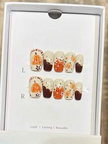 10 piezas de uñas cuadradas cortas hechas a mano, uñas postizas cortas, uñas postizas cuadradas con diseños de calabazas talladas en 3D pintadas a mano para Halloween, uñas de Halloween de alta calidad, uñas postizas de cobertura completa, uñas Y2K, uñas en relieve, uñas falsas creativas y únicas, suministros para uñas