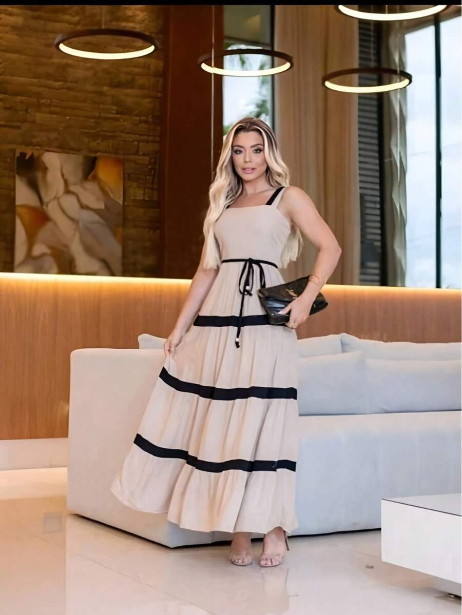 Women's Long Striped Dress, Plain, Bicolor, With Casual Duna Fabric Lining - Beige - View 1