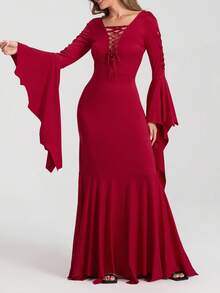 Women Halloween Vampire Costume Cut-Out Lacing Bodycon Gothic Floor Dress Cosplay Outfits - Red - View 1