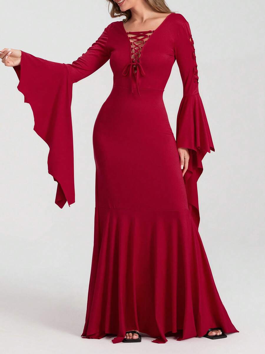 Women Halloween Vampire Costume Cut-Out Lacing Bodycon Gothic Floor Dress Cosplay Outfits - Red - View 1