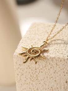 1pc Simple 18k Gold Plating Stainless Steel Sunburst Sun Ray Delicate Pendant Women Necklace Sprial Pendant Jewelry Collarbone Chain For Women Summer Wear