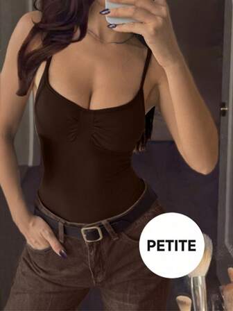 VIVINA Women Petite Solid Color Casual Minimalist Ruched Bodysuit, Autumn