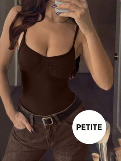 VIVINA Women Petite Solid Color Casual Minimalist Ruched Bodysuit, Autumn