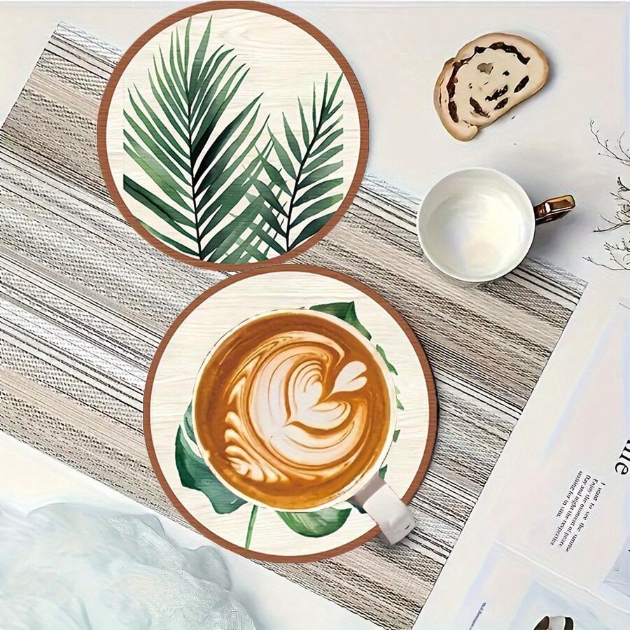 A Set Of 5 Wooden Coasters With Tropical Plant Green Leaf Pattern, Choose 1 Set Or 37 Sets, Creative Art Home Decoration, Suitable For Home, Kitchen, Desk Daily Water Coasters, Perfect Gift, Housewarming Gift, Birthday Gift, Gift For Family, Friends - Green - View 1