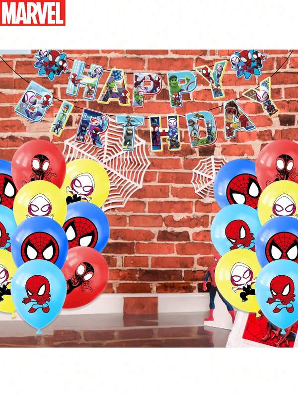 Marvel 19PCS Officially Licensed Spider-Man Birthday Decorations Party Decorations Supplies Graduation Prom Party Balloon Set Includes Cake Toppers Cupcake Decorations Balloons Background Fabric And Tablecloths