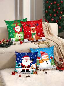 45*45cm Cute Cartoon Christmas Reindeer, Santa Claus, Snowman Pattern Decorative Pillow Cover, Christmas Decoration For Indoor And Outdoor Party, Living Room, Bedroom, Sofa (No Pillow Insert) - Multicolor - View 3