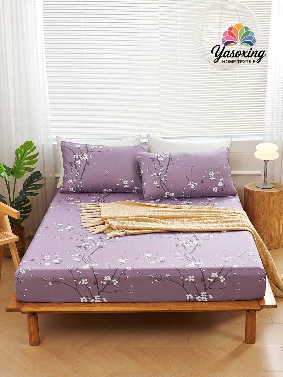 Bộ 3 ga trải giường họa tiết cành hoa mận tím không có ruột, Bộ ga trải giường cho phòng ngủ bằng vải sợi nhỏ chải kỹ, thoáng khí, thoải mái, 1 ga trải giường + 2 vỏ gối không có ruột, Bộ chăn ga gối đệm cho ký túc xá trường học - Màu tím - Xem 1