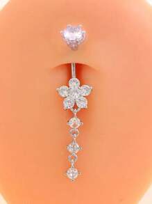 1pc Stainless Steel Navel Ring With 4-Segment Flower Pendant, Snowflake Charm, Sexy Long Belly Button Jewelry For Women, Everyday Wear