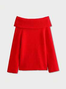 Women's Casual Versatile Straight Shoulder Off Shoulder Pullover Sweater Top - Red - View 2