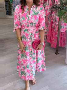 1pcs Women's Pink Floral Print Three-Quarter Sleeve Long Shirt Dress With Button Placket Closure, Lapel, Sleeve Tabs And Belt, Suitable For Any Occasion, Machine Washable, Women's Spring Summer Clothing - 粉色 - 查看 6