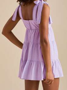 Women Sleeveless Mini Dress Casual Summer Tie Up Strap Striped Print A-Line Party Dress For Beach Club Streetwear - 紫色 - 查看 6