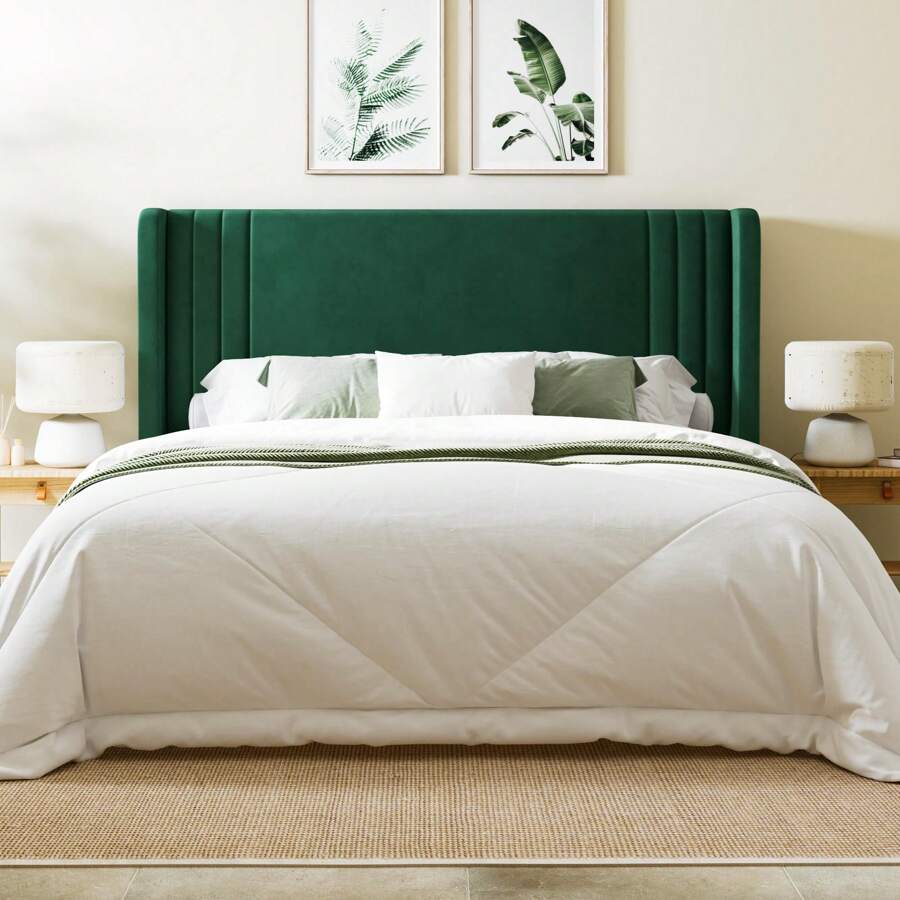 Allewie Full/Queen/King Size Velvet Platform Bed Frame With Vertical Tufted Wingback Headboard, Easy Assembly, Under Bed Storage, No Box Spring Required, Modern Style, Green - 綠色 - 查看 1